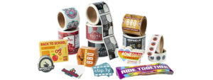 Stacks of stickers and roll